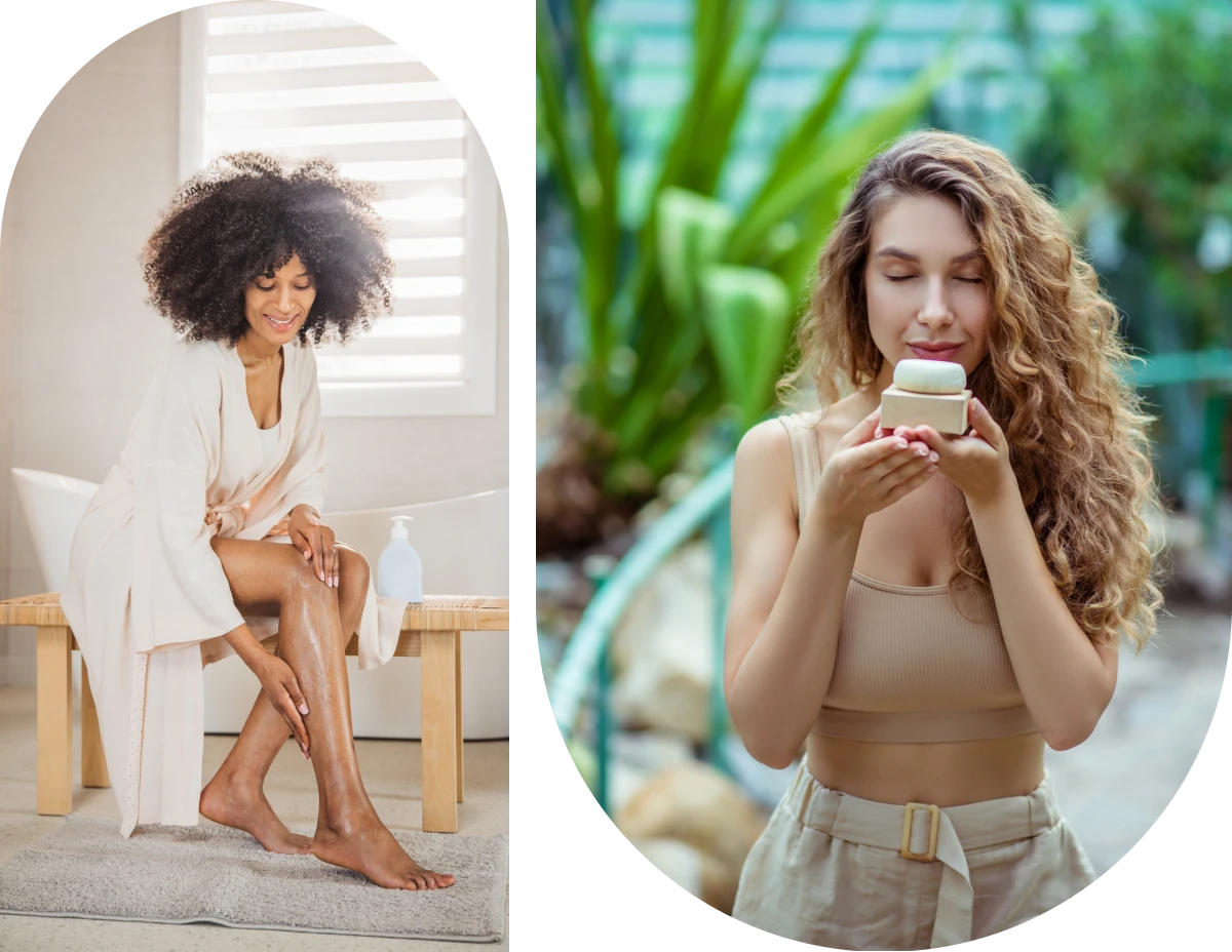 Woman smelling scented candle outdoors